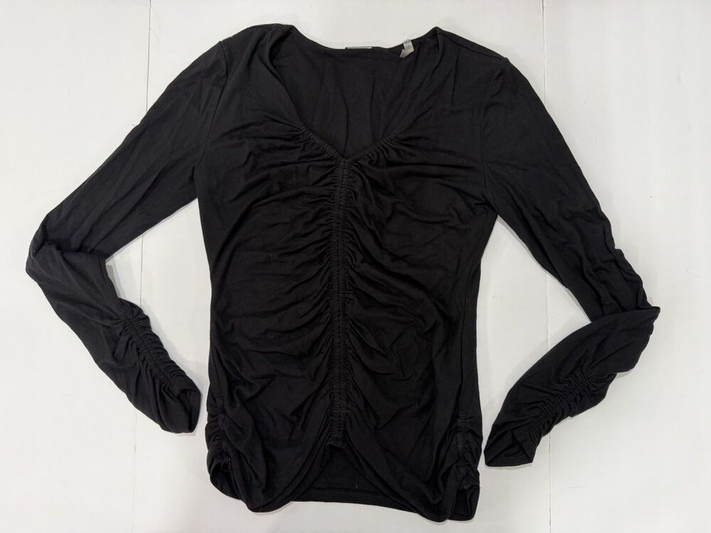 Elie Tahari Women Black Shirred Ruched V Neck Knit Top Sz S